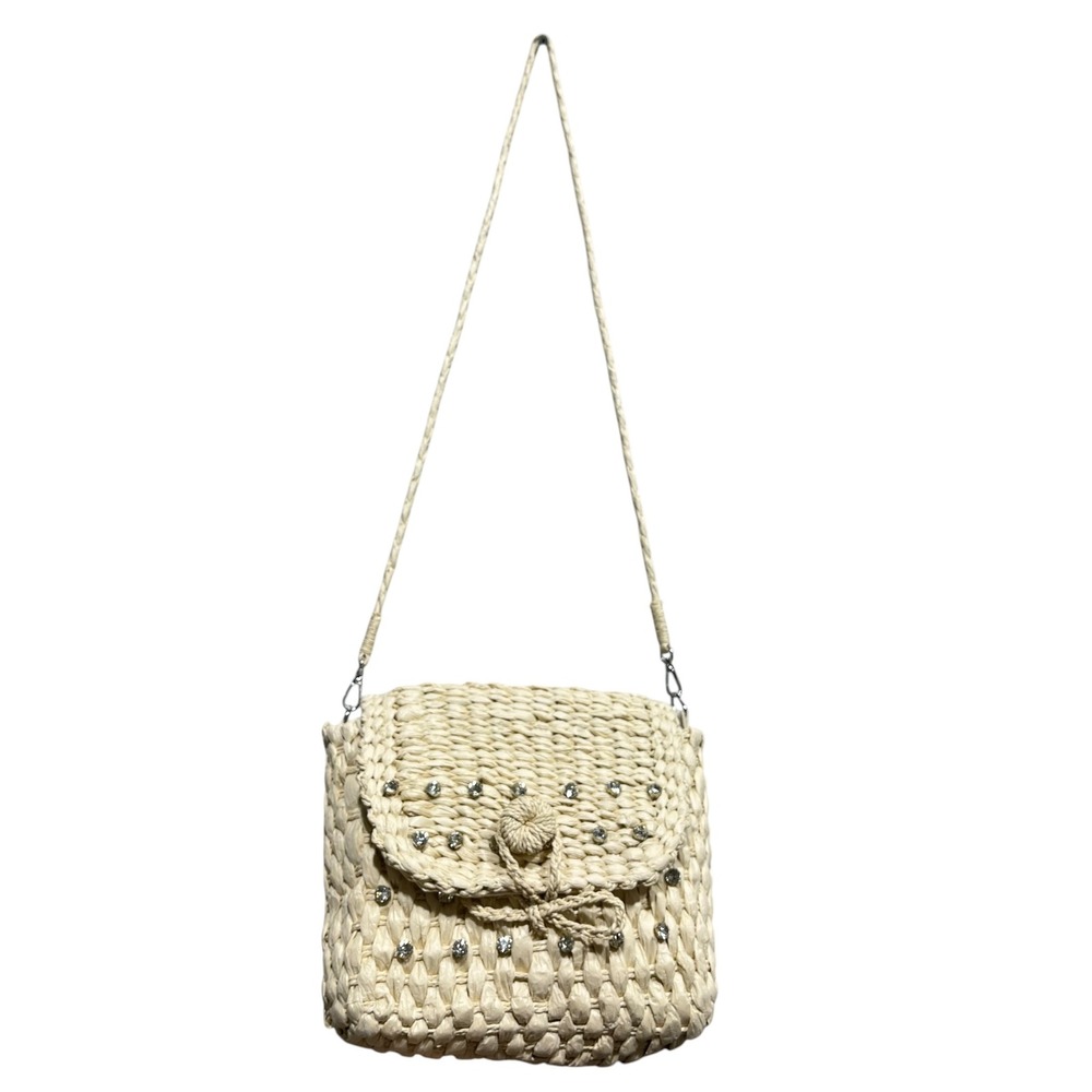 Anthropologie Straw Woven Crossbody Bag Rhinestone Studded Flap Closure - Picture 1 of 5